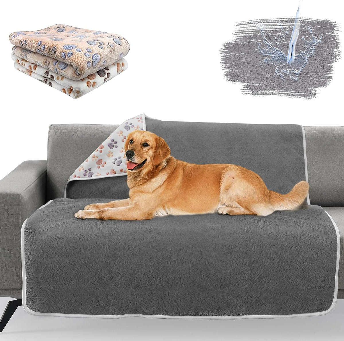 Waterproof Dog Blankets, Washable Reversible Throw 40 x 30 in | White and Coffee Pair, Soft Fleece with Mylar Layer, Machine Washable, Bed Sofa and Car Protection, Medium and Large Dogs