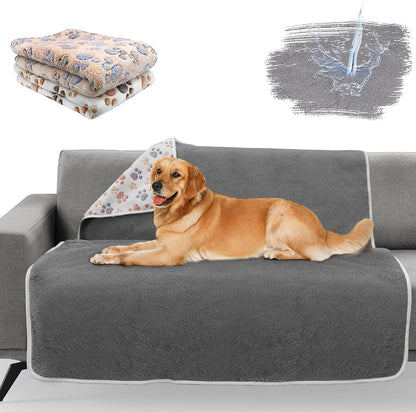 Waterproof Dog Blankets, Washable Reversible Throw 40 x 30 in | White and Coffee Pair, Soft Fleece with Mylar Layer, Machine Washable, Bed Sofa and Car Protection, Medium and Large Dogs