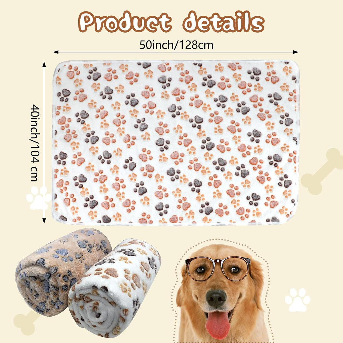 Waterproof Dog Blankets, Washable Reversible Throw 40 x 30 in | White and Coffee Pair, Soft Fleece with Mylar Layer, Machine Washable, Bed Sofa and Car Protection, Medium and Large Dogs