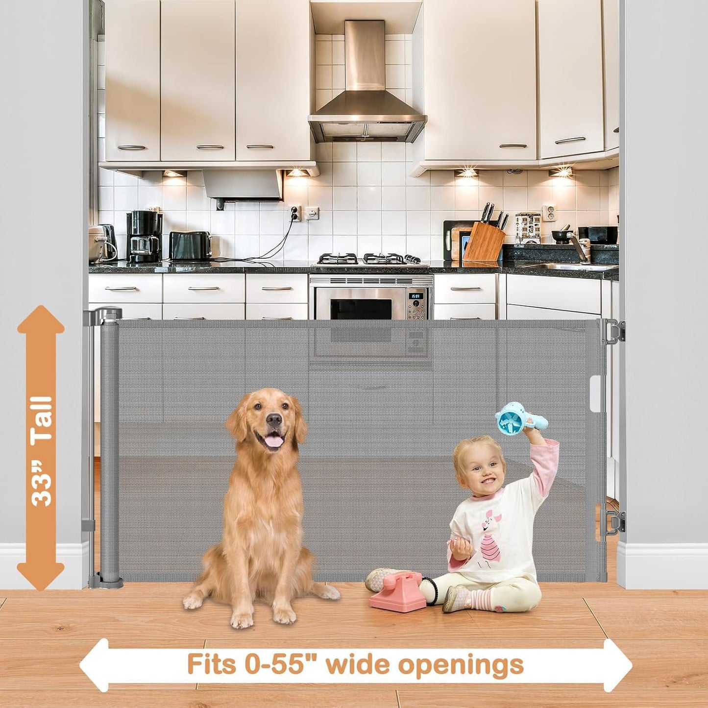 Retractable Dog Gate for The House 33" Tall X 55" Wide Mesh Baby Gate Retractable Baby Gates for Doorways Scratch-Resistant Outdoor Dog Gates Indoor Prevent Kids or Pets from Crawling Under, Gray