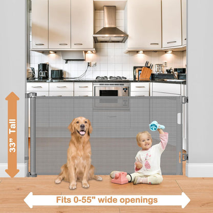 Retractable Dog Gate for The House 33" Tall X 55" Wide Mesh Baby Gate Retractable Baby Gates for Doorways Scratch-Resistant Outdoor Dog Gates Indoor Prevent Kids or Pets from Crawling Under, Gray