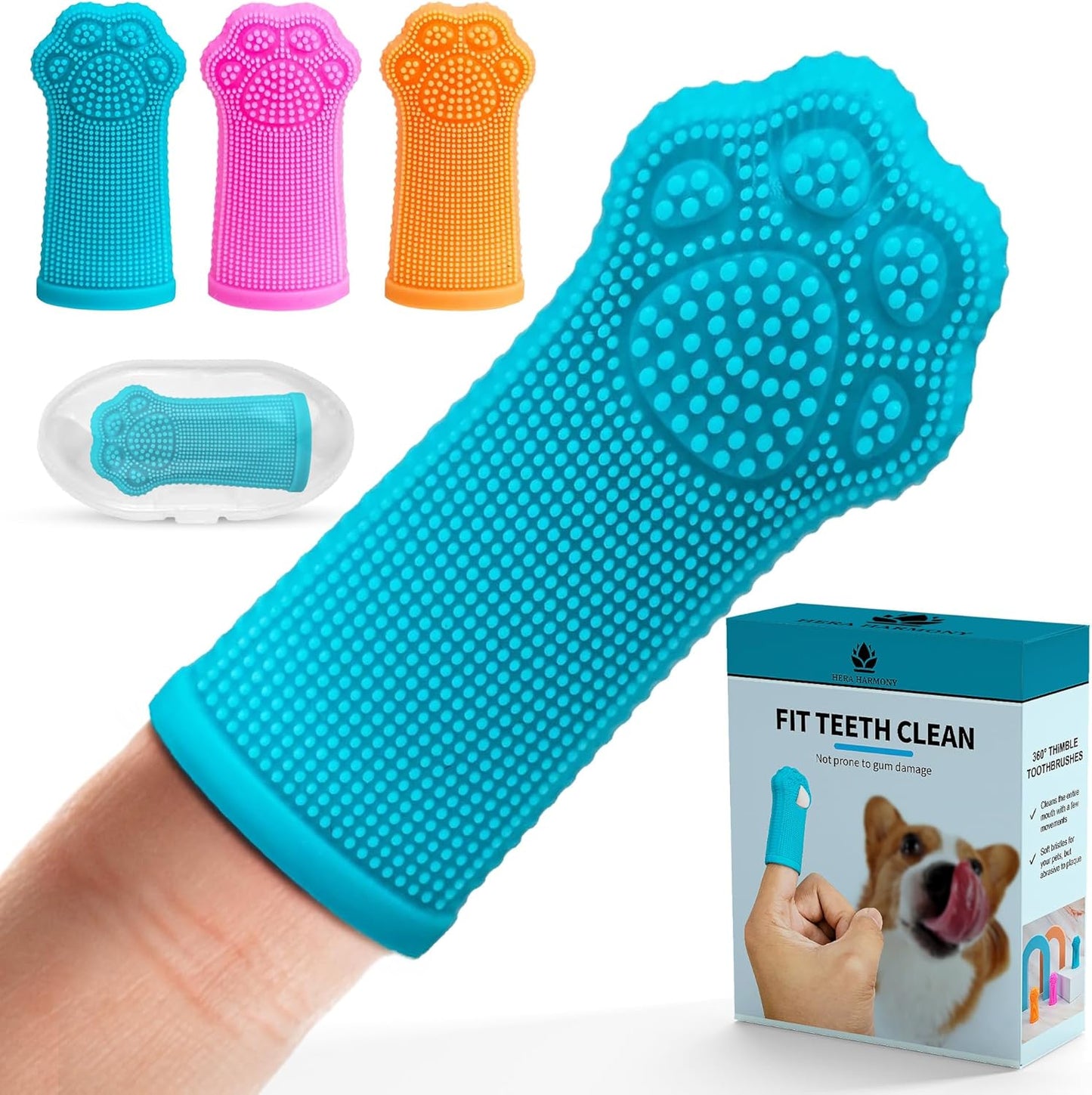 Hera Harmony Finger Toothbrush for Dogs & Cats, Soft Silicone Pet Dental Care Brush for Plaque & Tartar Removal, Teeth Cleaning & Gum Massage, Reusable 3 Pack