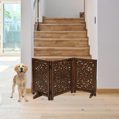Freestanding Pet Gate for Dogs, Foldable Wooden Dog Gate for House, Indoor Dog Gate for Stair, Doorway, House Design Gates for Dogs Indoor, 72 Inch Wide, (18" x4 Panels 72 inch), Burnt Finish
