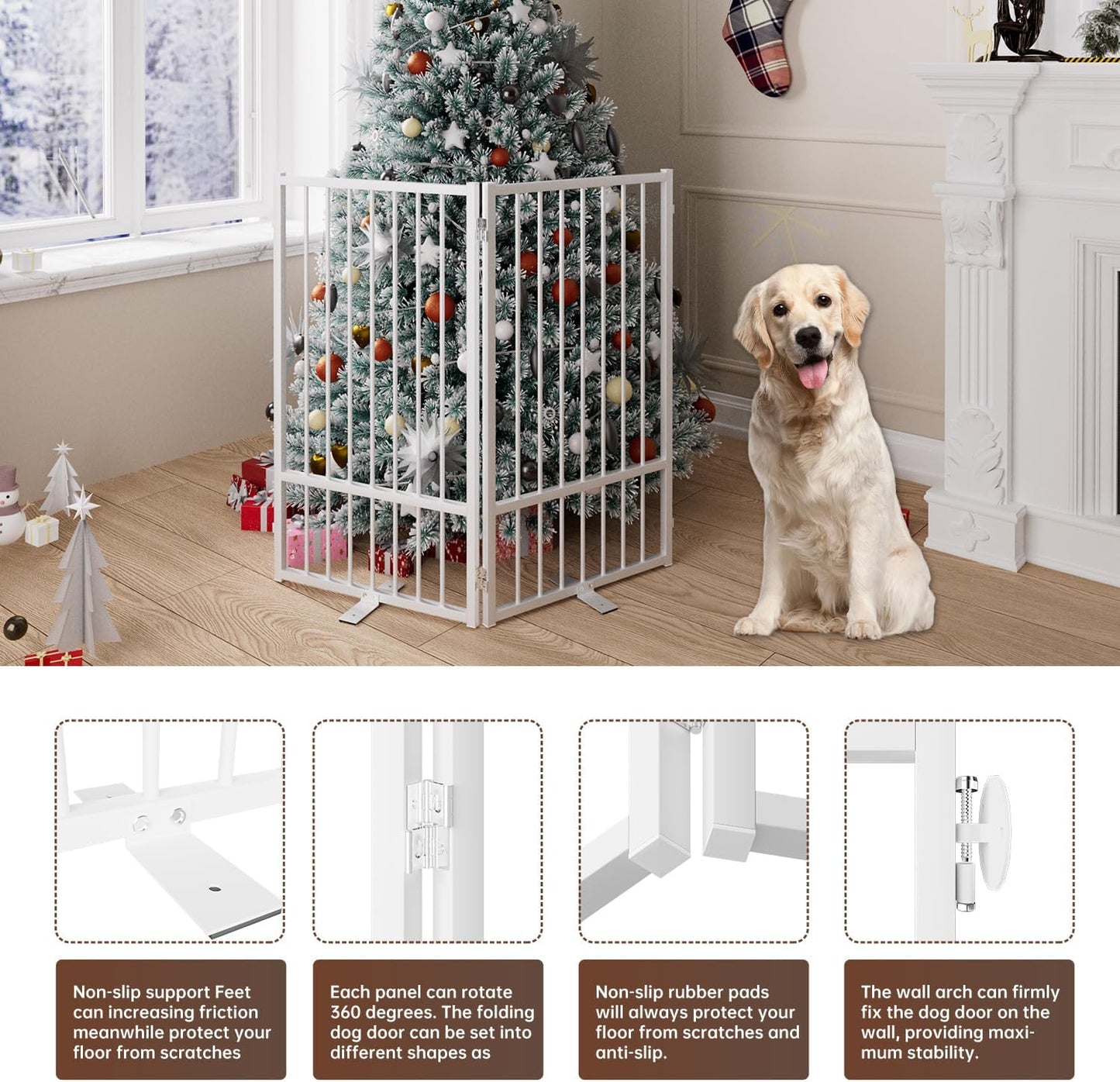 4 Panels Full Metal Freestanding Dog Gates with Door, 80” W x 32” H Folding Pet Gate Fence with Support Feet for Indoor,Stairs, Hallways and Doorways(Black)
