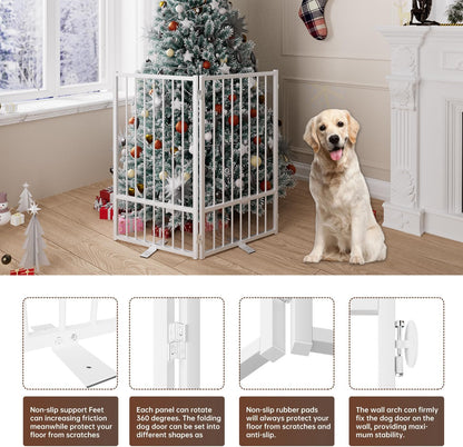 4 Panels Full Metal Freestanding Dog Gates with Door, 80” W x 32” H Folding Pet Gate Fence with Support Feet for Indoor,Stairs, Hallways and Doorways(Black)