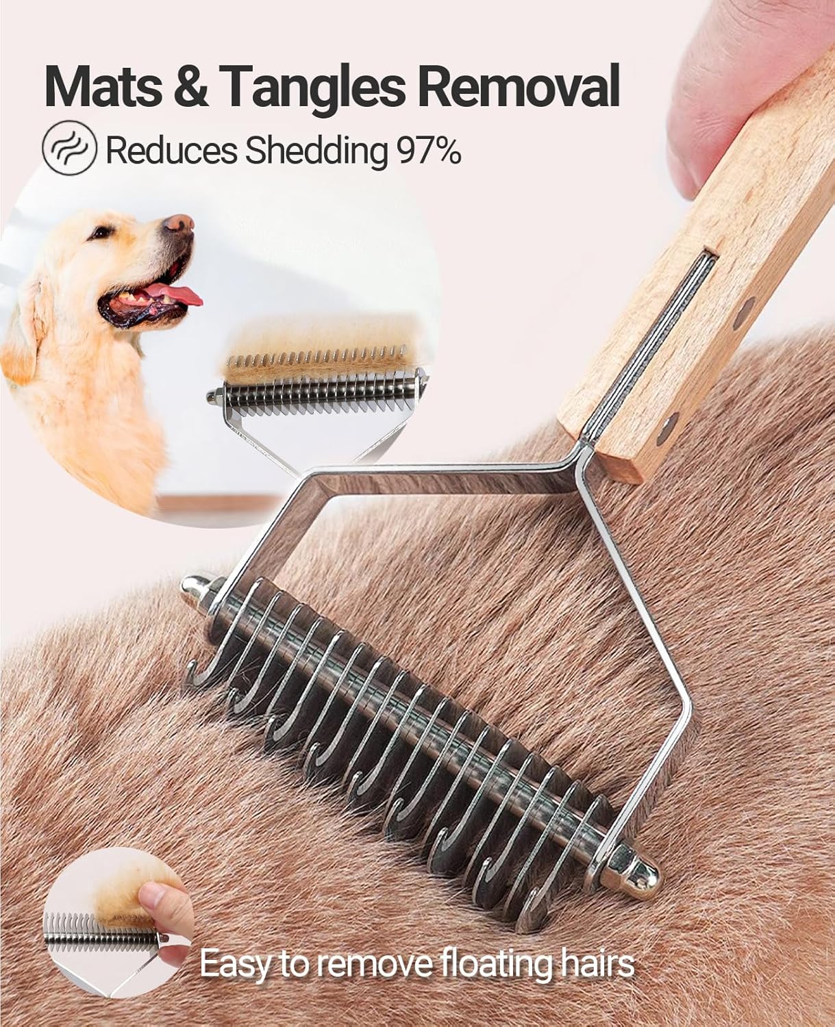 Dematting Comb for Dogs and Cats, Mat Remover and Deshedding Grooming Tool, Safe Detangler for Matted Fur, Double Sided Undercoat Rake for dogs