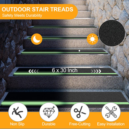 Outdoor Stair Treads Non Slip for Wooden Steps 6" x 30" - 15 Pack Weather Resistant Exterior Grip Tape, Non Slip Stair Treads, Anti Skid Strips, Waterproof 80-Grit High Traction Adhesive Treads, Black