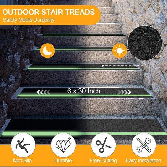 Outdoor Stair Treads Non Slip for Wooden Steps 6" x 30" - 15 Pack Weather Resistant Exterior Grip Tape, Non Slip Stair Treads, Anti Skid Strips, Waterproof 80-Grit High Traction Adhesive Treads, Black