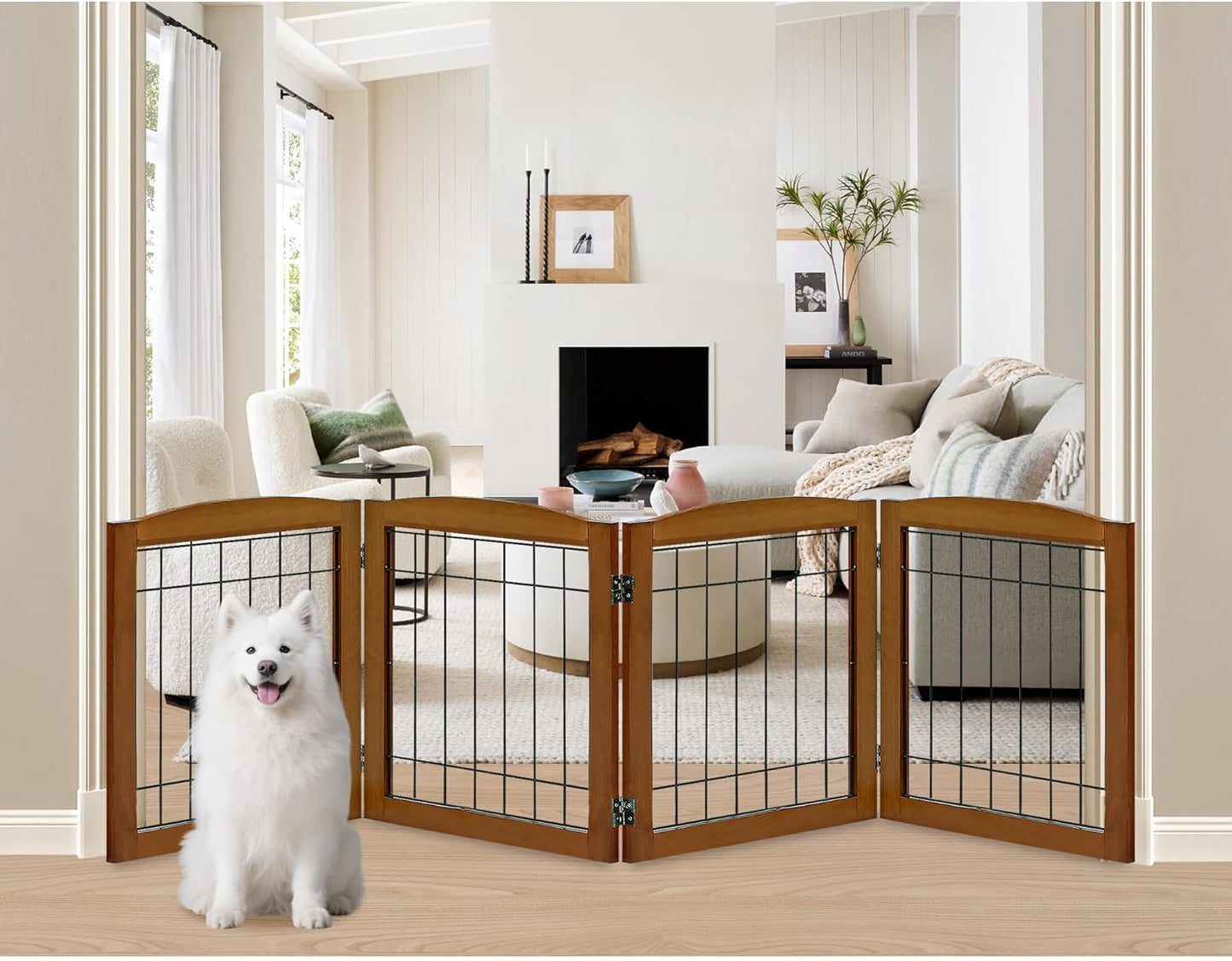 LZRS 2-Panel Freestanding Foldable Wood Dog Gate – Solid Wood & Steel Wire, Chew-Resistant Pet Barrier for Indoor Use, Ideal for Small to Medium Dogs, White