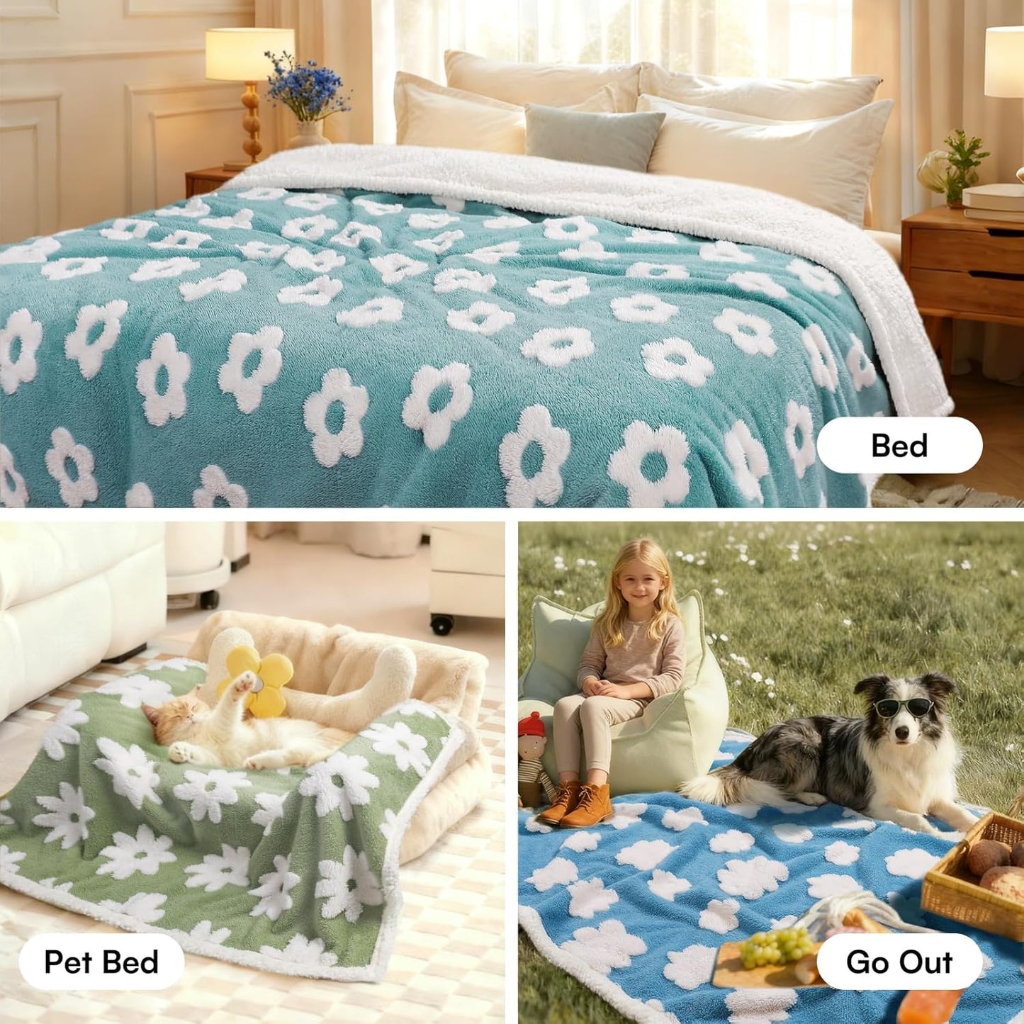 Luciphia Waterproof Pet Blanket for Medium Large Dogs Washable Fluffy Thick Jacquard Shag Fleece Warm Sherpa 3D Textured Flower Print for Cats Puppy Couch Protection (Green,40x28 inches)