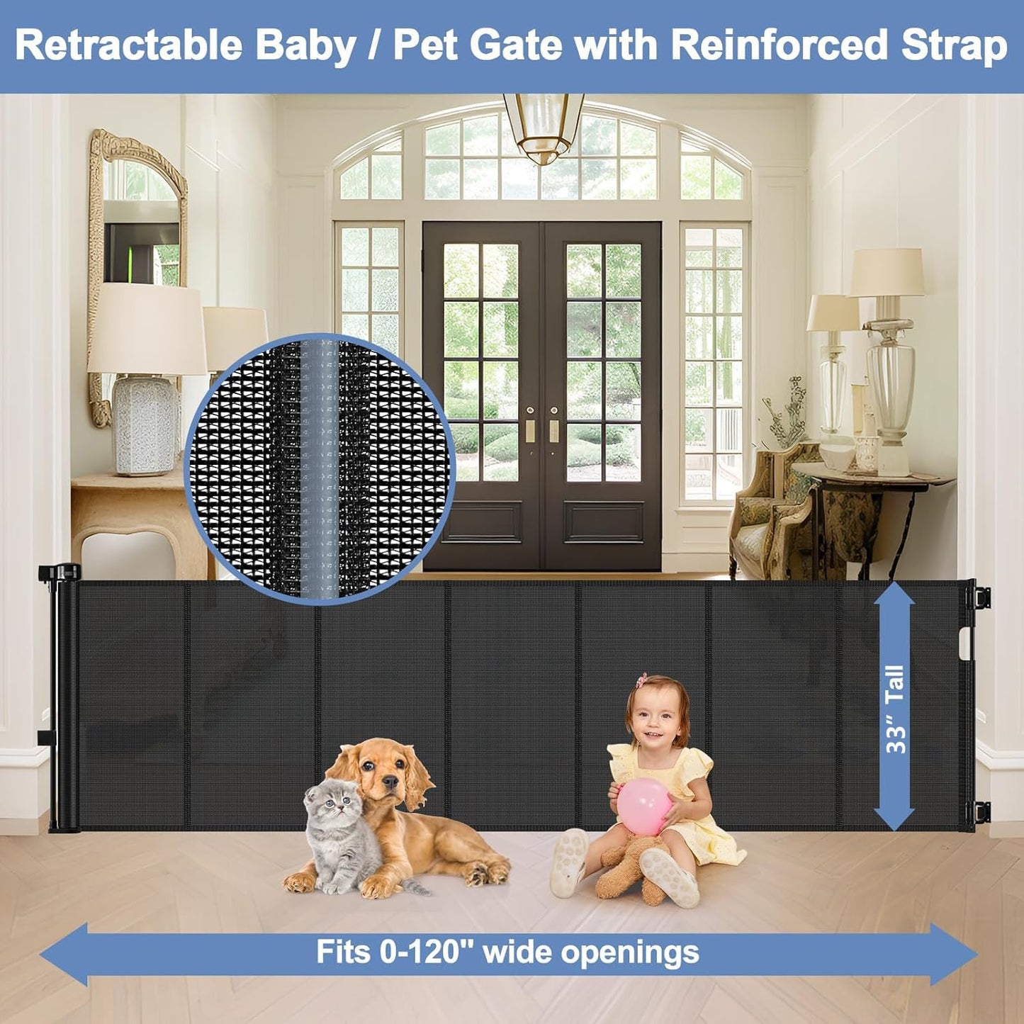 Reinforced 90 Inch Retractable Baby Gates Extra Wide Baby Gate with Reinforced Strips, 7.5ft Long Retractable Dog Gate for The House 33 Inch Tall Extra Long Pet Gates for Wide Openings, Black