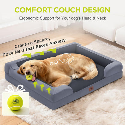 Extra Large Dog Bed, Orthopedic XL Washable Memory Foam Bed for Big Dogs Waterproof Pet Couch Sofa Bolster with Removable Cover, Non-Slip Bottom, Tennis Ball Toy, 42x30