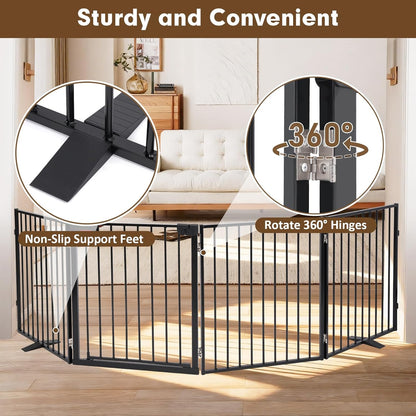 104" Extra Wide Dog Gate, Heavy Duty Metal Freestanding Dog Gate with Door for Indoor & Outdoor, Foldable Pet Fence for Doorways,House,Porch,Deck,Yard,Stairs, Auto Close(4 Panels,Black)