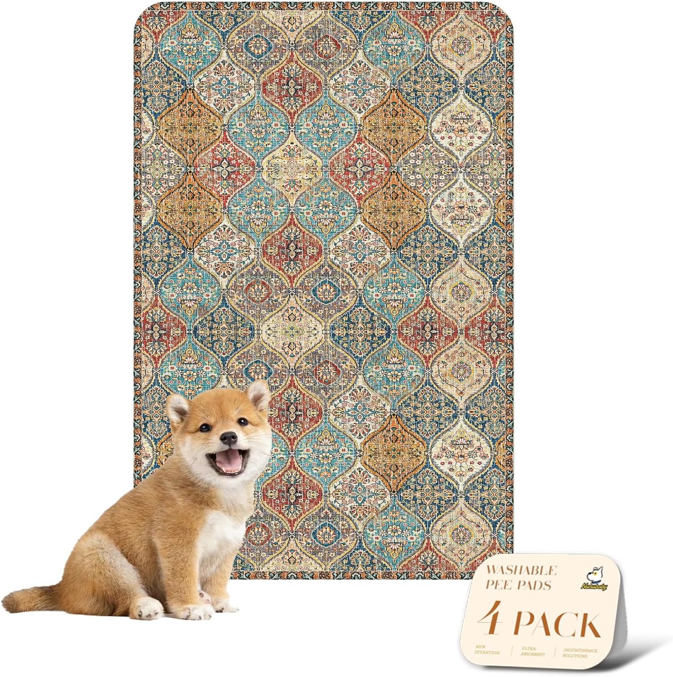 nunubaby Washable Pee Pads for Dogs, Stylish, Non-Slip and Leak-Proof Pee Pads. Reusable Potty Pads for Dogs for Crates and Floors.(Beige/Multi, 24" x48" )