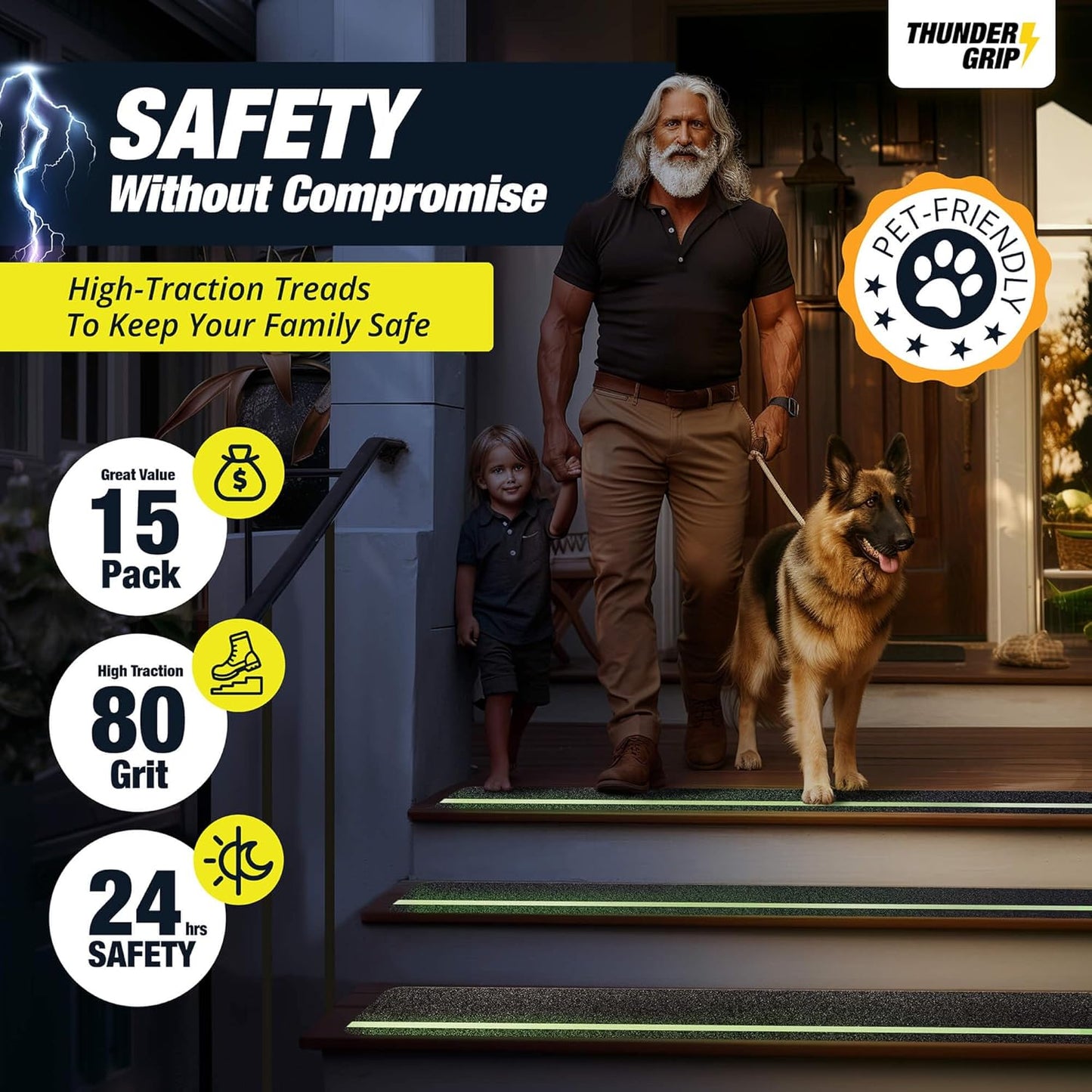 THUNDER GRIP Glow in the Dark 30" x 6"-12-Pack Weather Resistant Outdoor Stair Treads 80-Grit