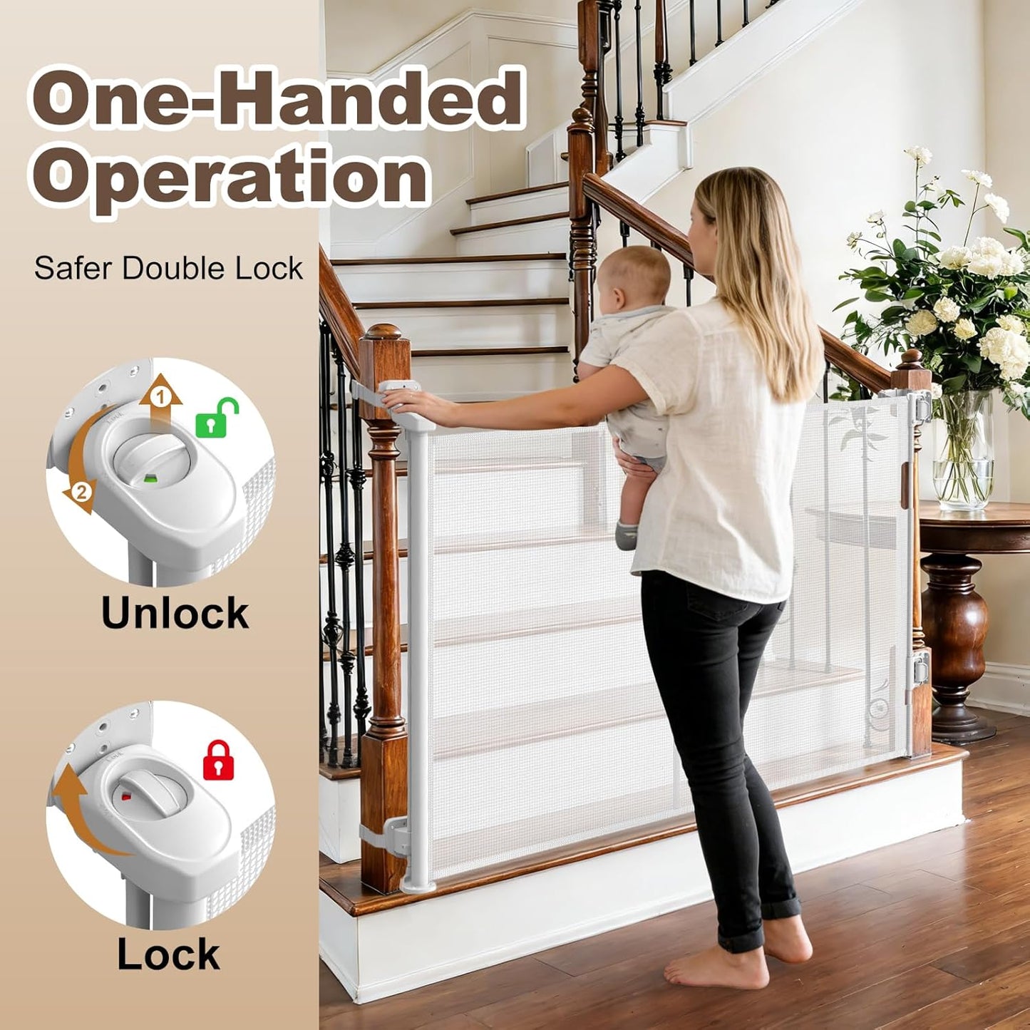 Upgraded Retractable Baby Gates for Stairs & Banister, Mesh Dog Gate Indoor, Extends to 55" Wide 33" Tall, Child Safety Gate for Stairway, Banister & Wall Mount (Gray)