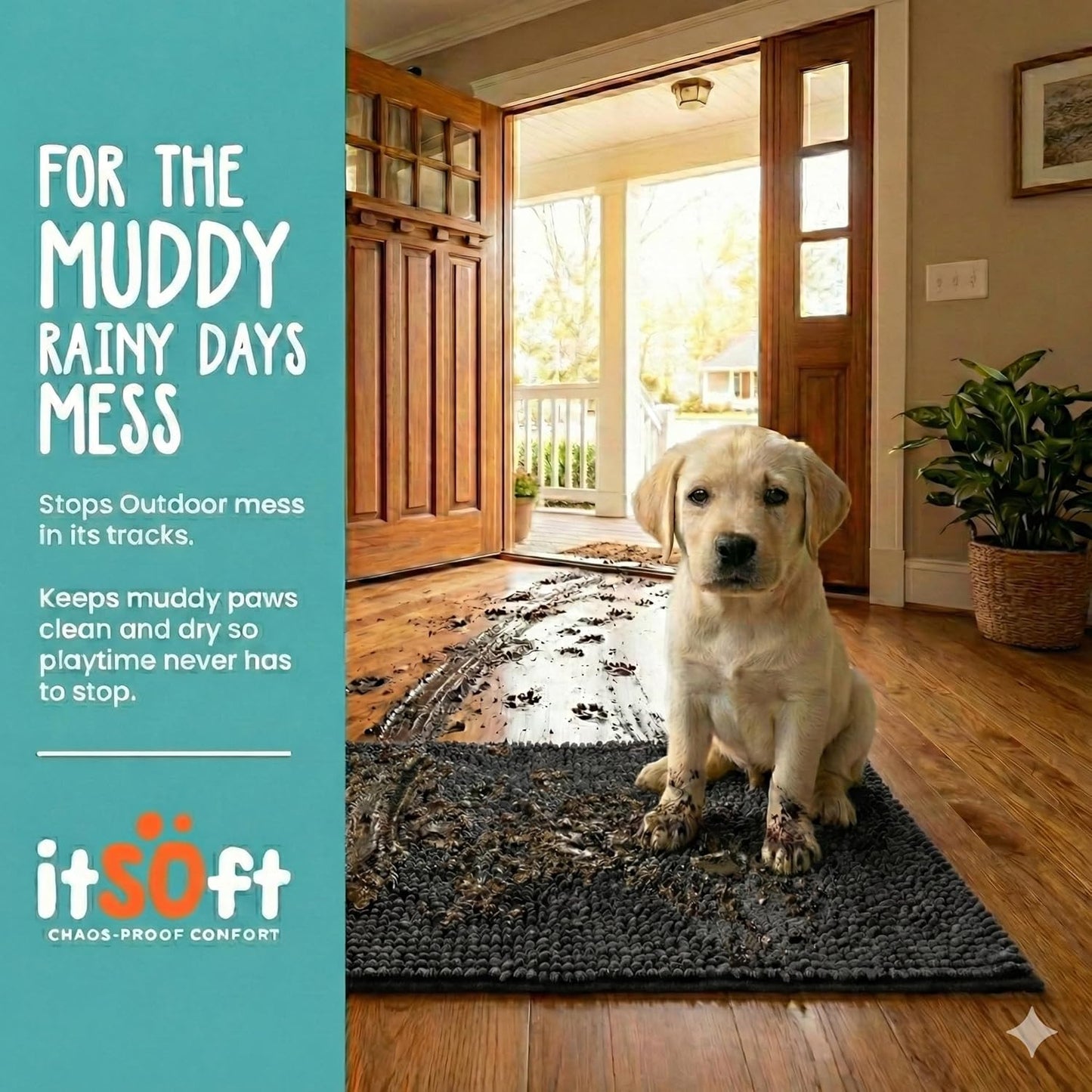 Dog Rugs for Muddy Paws 22x14 | Cleaner Mud Free Floors | Muddy Dogs Mats for Indoor, Dog Mat for Muddy Paws Door Mat Washable, Absorbent Chenille Mud Rug Paw Matt w/ Non Slip Backing, Charcoal Grey