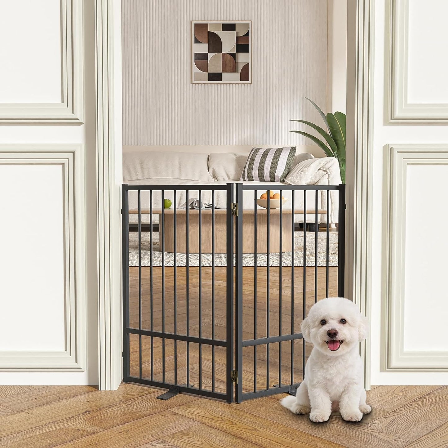 SNUOWU Full Metal Freestanding Dog Gate with Door, 32''Height Foldable Pet Dog Fence for Indoor & Outdoor, 4 Panels Extra Wide Free Standing TallDog Gates for Doorways,House,Stairs,Porch,Deck,Yard