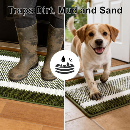 pobopobo Dog Door Mat for Muddy Paws - Absorbent & Washable Chenille Rug, Non-Slip Dirt Trapper for Indoor Outdoor Entryway, Quick Dry Pet Mat for Muddy Dogs (Striped Gray-Blue&White, 24" x 16")