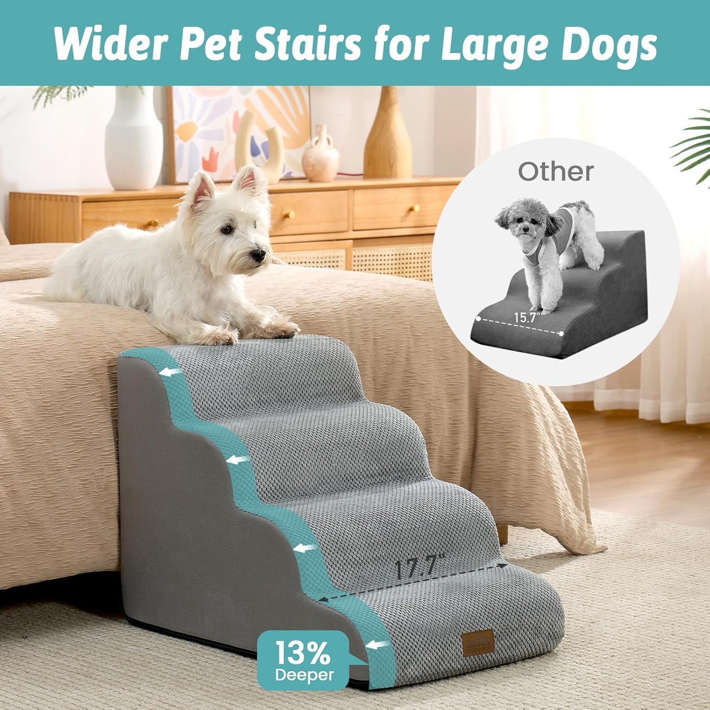 COZY KISS Extra Wide Dog Stairs with Tunnel, Foam Detachable Large Dog Step for Small Pet, Puppy or Cats, Medium Pet Ramp for High Bed, Couch, Sofa or Car, 19.7x33x22.4 inch, 5 Step, Beige