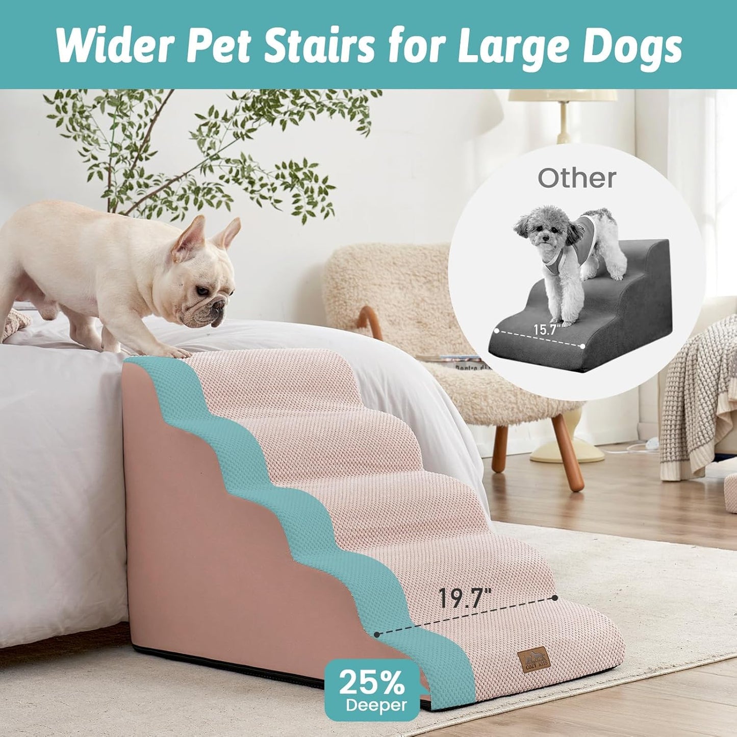 COZY KISS Extra Wide Dog Stairs with Tunnel, Foam Detachable Large Dog Step for Small Pet, Puppy or Cats, Medium Pet Ramp for High Bed, Couch, Sofa or Car, 19.7x33x22.4 inch, 5 Step, Beige