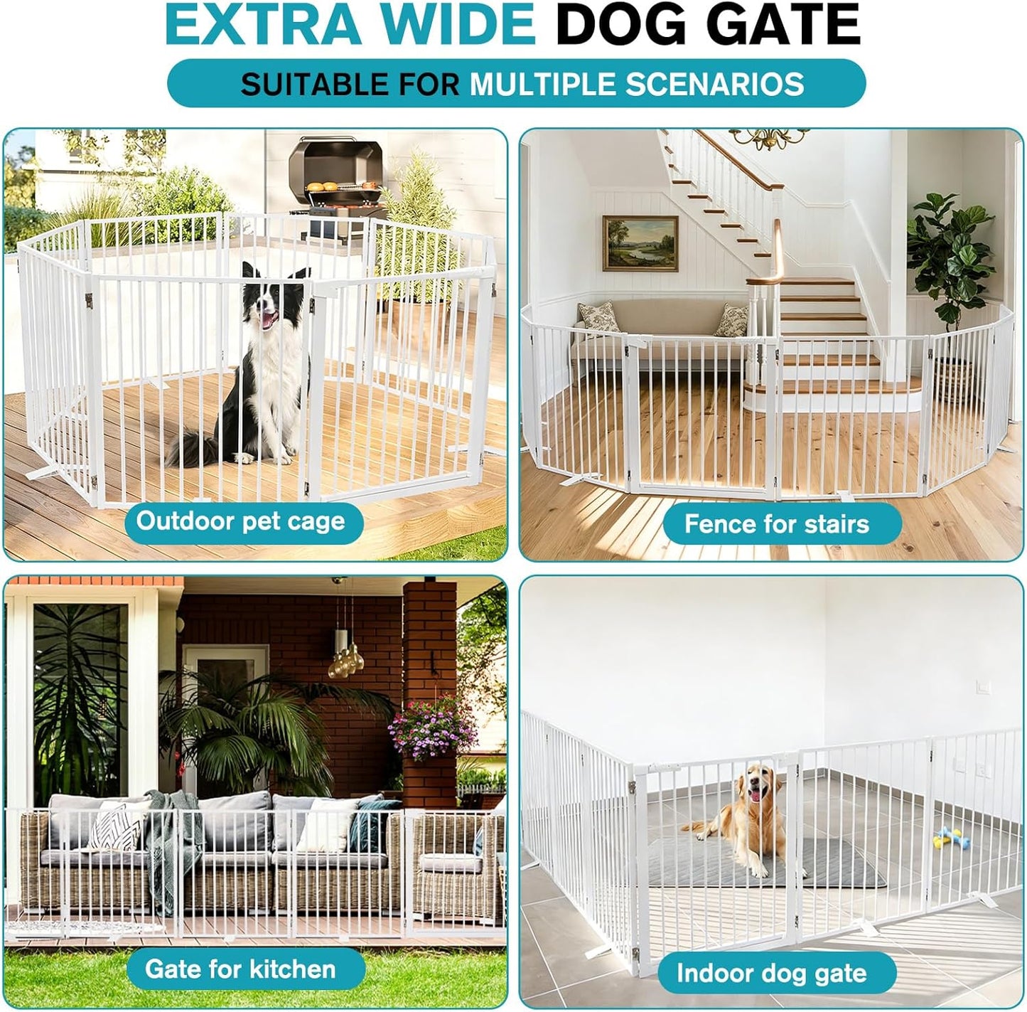 Snagle Paw Extra Wide Dog Gate,Free Standing Dog Fence with Door, Up to 104 Inch Wide Pet Gate with Support Feet for Stairs, Hallways, Doorways, Yard (Black, 4 Panels)