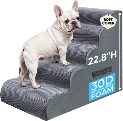 PAWSCRAT Pet Stairs for Dogs 4-Step, 19.6" H Pet Stairs for High Bed, Couch Sofa & Chair, 30D Material Soft Foam Dog Steps with Non-Slip Bottom Surface Removable Washable Cover, Grey