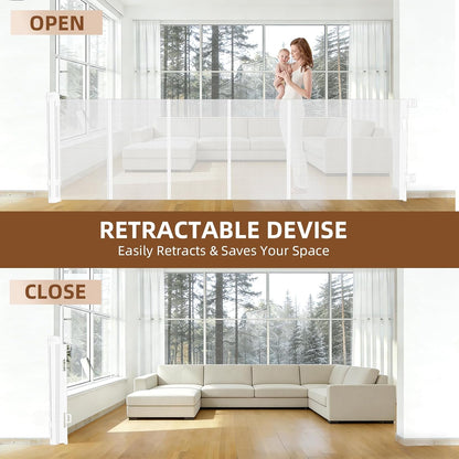 Retractable Baby Gate, 55 in Wide x 33 in Tall Mesh Dog Gate, Hardware Mounted Safety Gate with Double Lock for Doorways, Hallways, Indoor Outdoor, White
