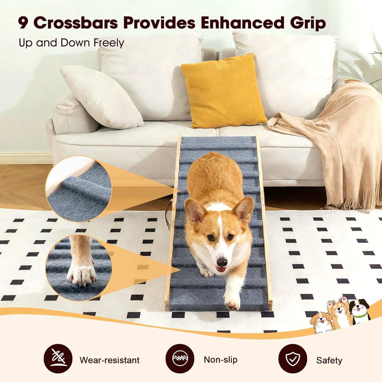 Dog Ramp for Bed, 39.4" Long Wooden Pet Ramp for Small & Large Dogs, 4 Adjustable Heights 12.2" to 22" with Anti-Slip Carpet & Carrying Handle Holds, Portable Dog ramps for Car, Bed, Couch, Outdoo