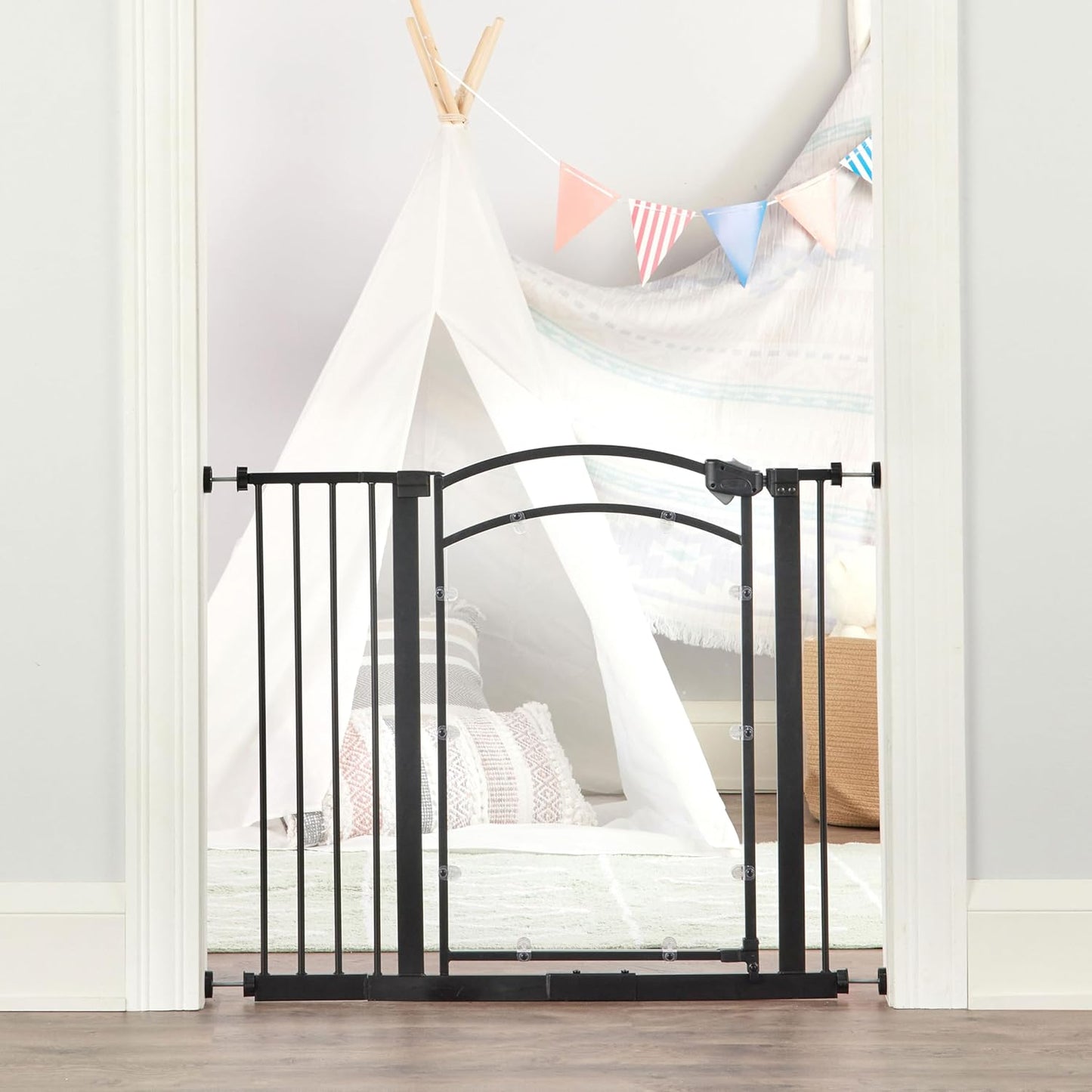 Regalo Safety 30.5-58" Extra Wide Arch Baby Gate with Door, Pressure Mount Walk Through Gate for Doorways & Bottom of Stairs, Babies, Toddlers & Pets, Tested & Safe, American Designed, American Owned