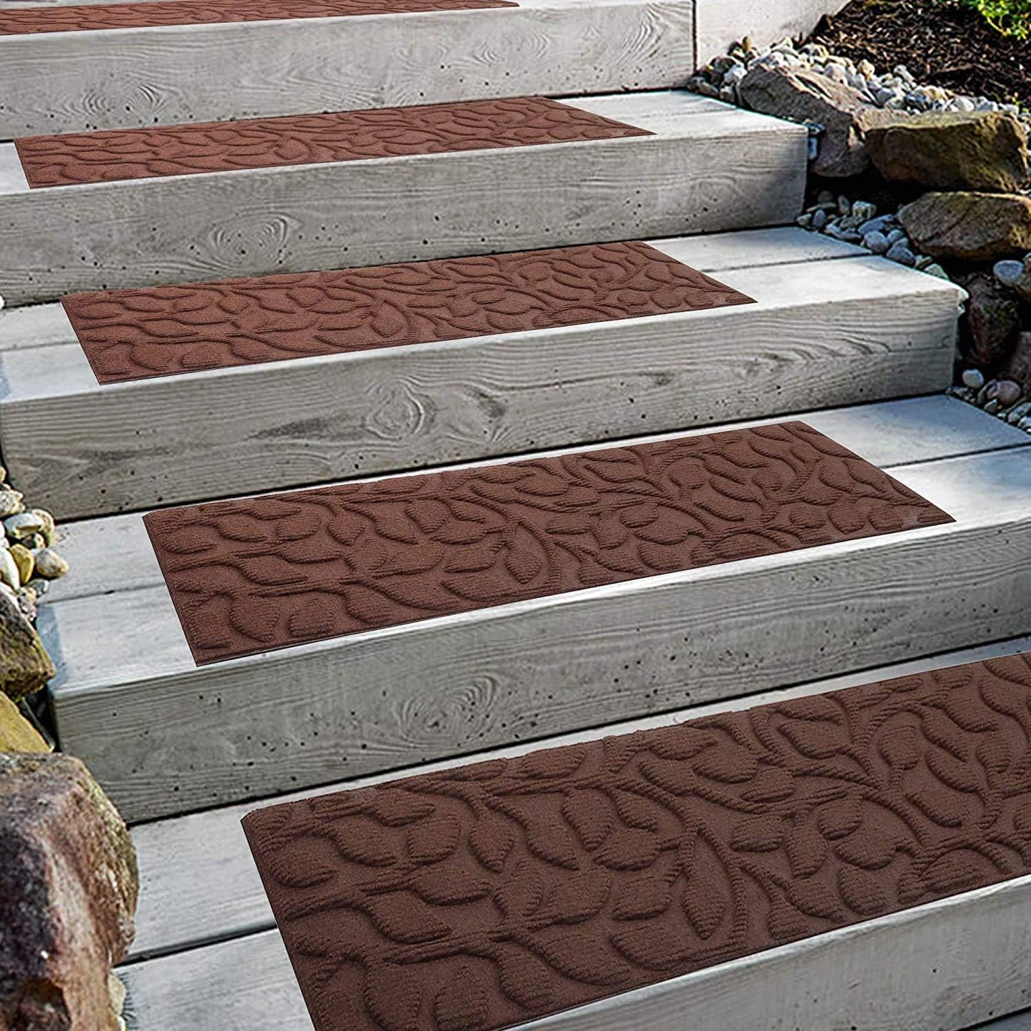 Aucuda Stair Treads Outdoor for Elders and Dogs on Wooden Steps, 30" x 8.5" (2pcs )Non Slip Stair Runner Rug Heat Insulation Rubber Backing, Gray Floral Staircase Mat Carpet for Indoor Grip Farmhouse.