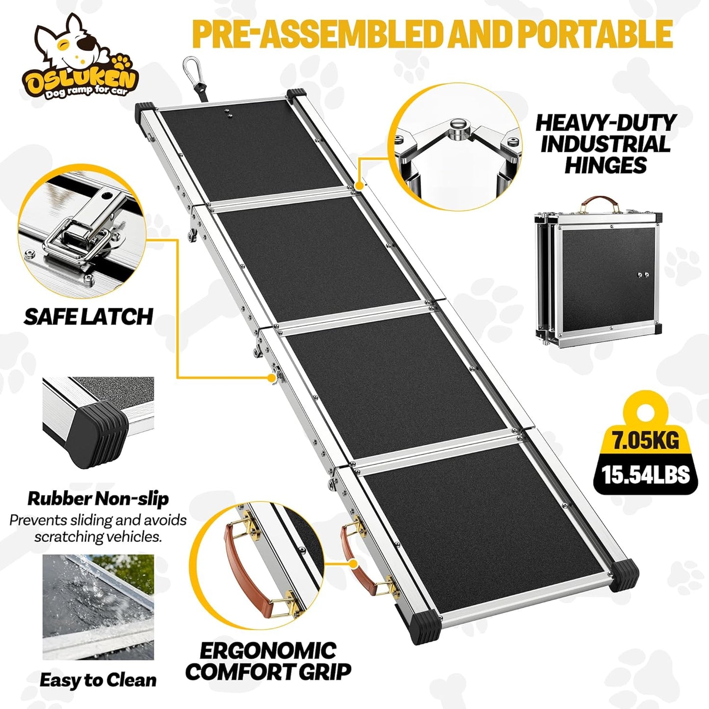 71" Aluminum Alloy Dog Ramp for Car SUV Truck Side Door, Foldable Outdoor Pet Ramp with Adjustable Support Head, Non-Slip Traction Surface, Sturdy Ramp for Large Dogs Up to 200 LBS (5 Folded)