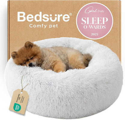 Bedsure Calming Dog Bed Medium Size Dog - Donut Washable Medium Pet Bed, 30 inches Anti-Slip Round Fluffy Plush Faux Fur Cat Bed, Fits up to 45 lbs Pets, Camel