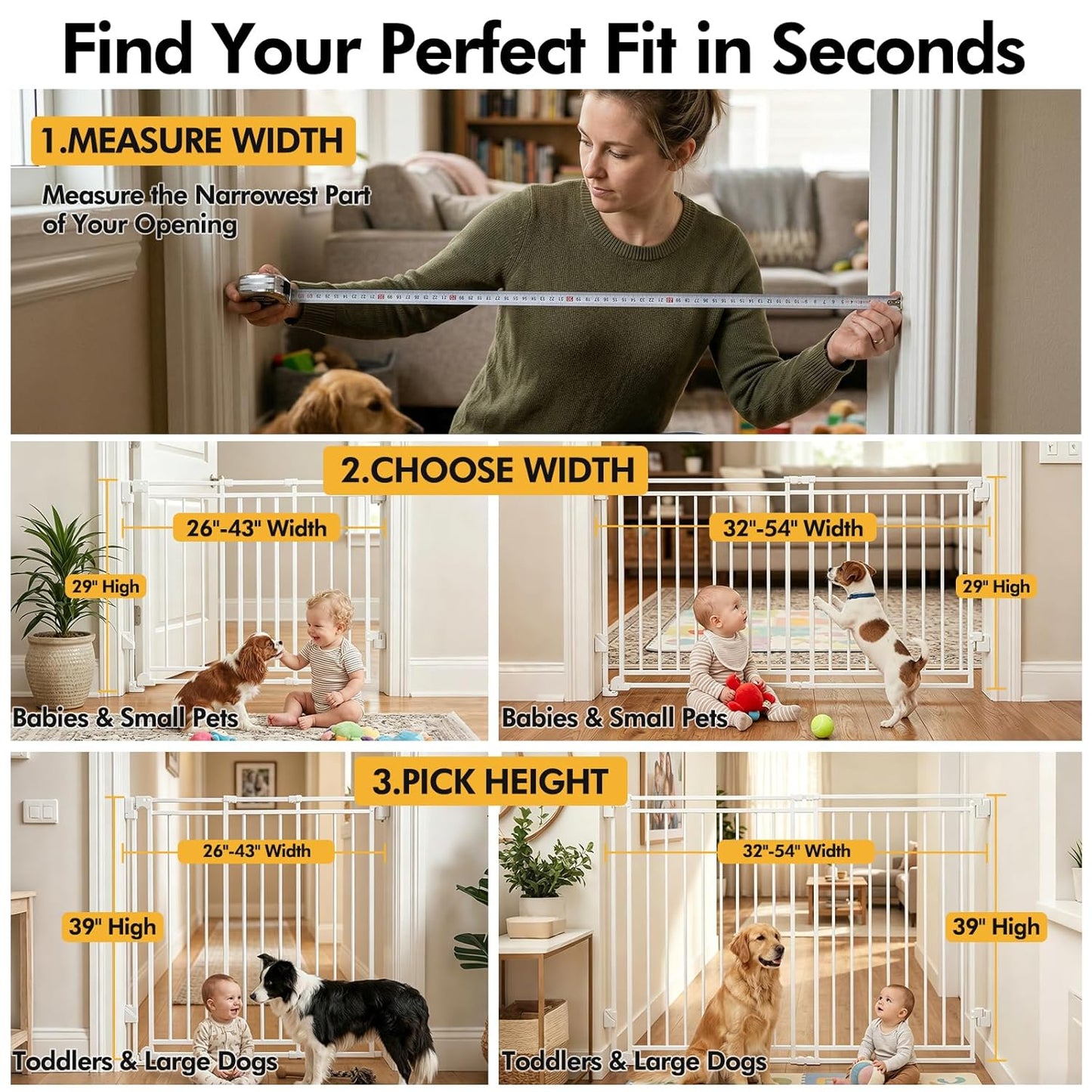 Baby Gate for Stairs & Doorways - Fits Openings 26 to 43 Inches Wide (Must Drill to Install) | 29" Extra Tall with No Bottom Bar | One-Handed Auto-Close Walk-Thru Gate for Kids & Pets, Black