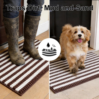 pobopobo Dog Door Mat for Muddy Paws - Absorbent & Washable Chenille Rug, Non-Slip Dirt Trapper for Indoor Outdoor Entryway, Quick Dry Pet Mat for Muddy Dogs (Striped Gray-Blue&White, 24" x 16")