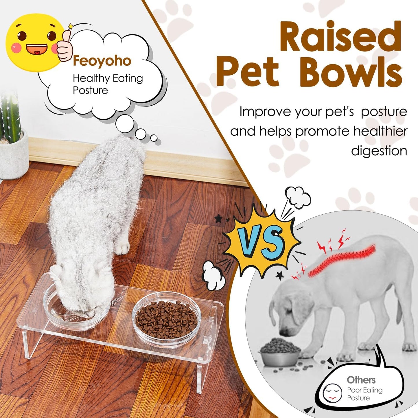 Elevated Dog & Cat Bowls – 3.75” Acrylic Raised Pet Feeder Stand with 2 Stainless Steel & 2 Glass Bowls – Food & Water Dish Set for Puppy/Small Dogs & Cats