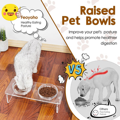 Elevated Dog & Cat Bowls – 3.75” Acrylic Raised Pet Feeder Stand with 2 Stainless Steel & 2 Glass Bowls – Food & Water Dish Set for Puppy/Small Dogs & Cats