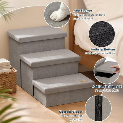 3-Step Wide Dog Stairs with Hidden Storage 18" H, Non-Slip Dog Steps for High Bed Couch Window Car, Jiont-Friendly Pet Stairs Ramp for Small/Medium/Large Old Dogs Cats Up to 200lbs, Grey