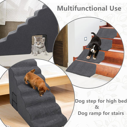 Dog Stairs for High Beds 30-36 inches Tall, 6-Step Dog Steps for Bed 32-36 inches for Small Large Dogs, Doggie Ramp for Bed, 30D Foam Pet Stairs for Old Dogs/Cats, Free-Installation, Grey