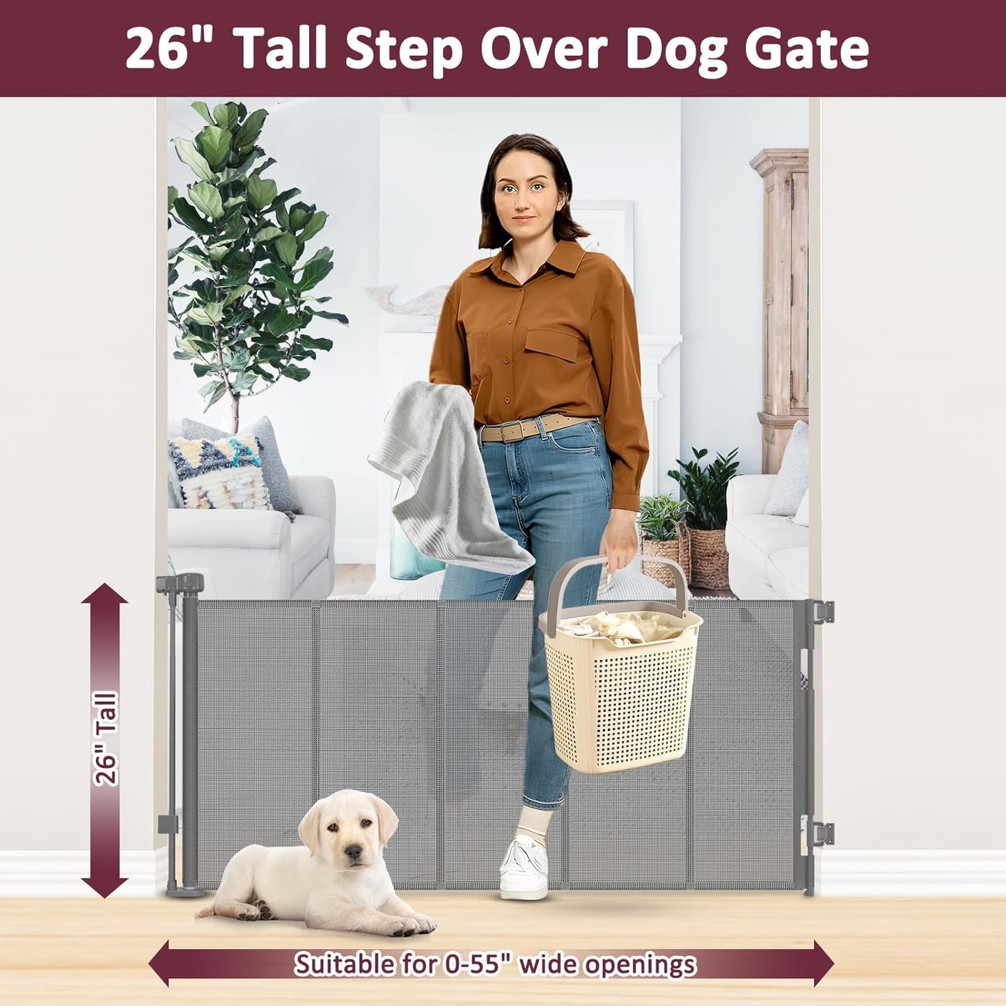 26 Inch Tall Step Over Retractable Dog Gate with Reinforced Bars 55" Wide Small Puppy Gates for The House Short Retractable Baby Gates for Doorway Mesh Dog Gate Indoor Doggie Gate Retractable Pet Gate