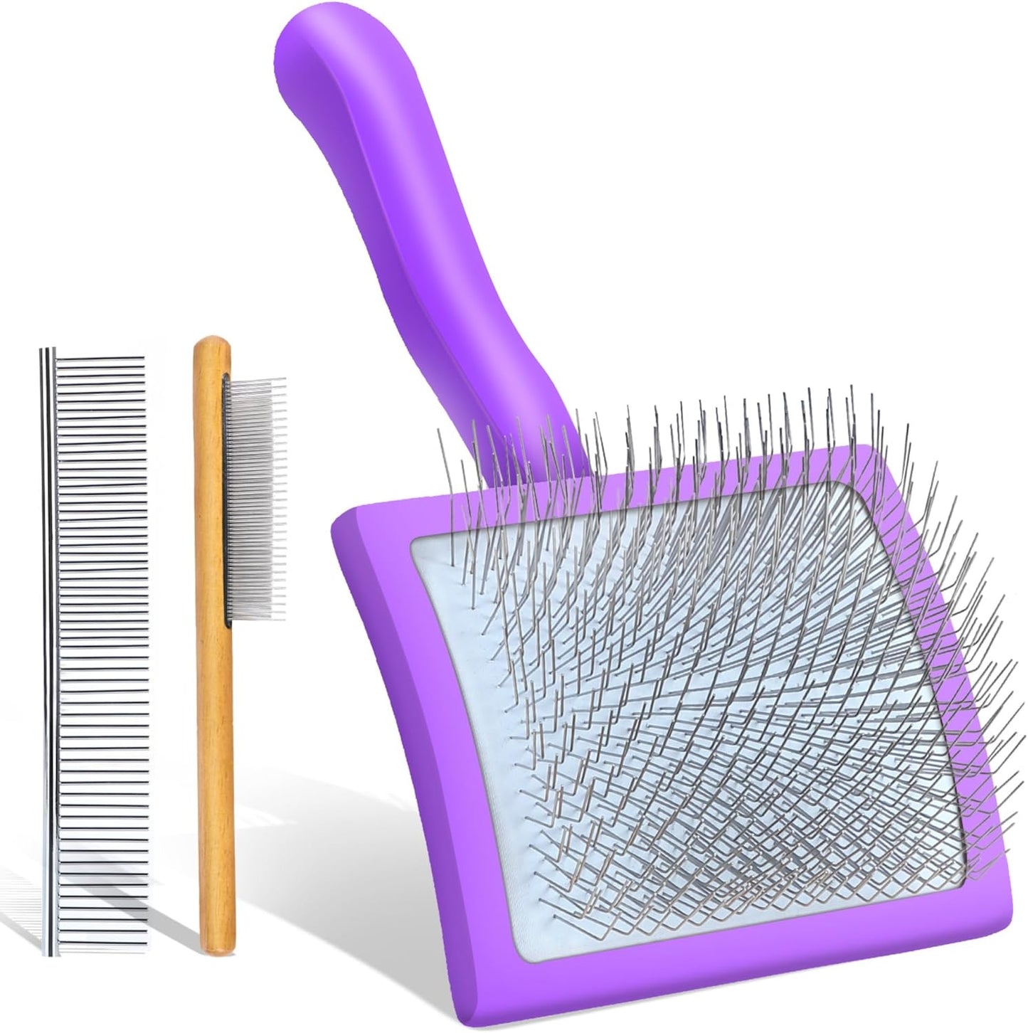 Slicker Brush for Dogs, Large Dog Grooming Brush for Doodles Goldendoodles Poodles Labradoodle Bernedoodles, Long Combs to Wavy & Curly Hair - Wooden Handle 3 Pcs - Nature