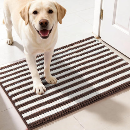 pobopobo Dog Door Mat for Muddy Paws - Absorbent & Washable Chenille Rug, Non-Slip Dirt Trapper for Indoor Outdoor Entryway, Quick Dry Pet Mat for Muddy Dogs (Striped Gray-Blue&White, 24" x 16")