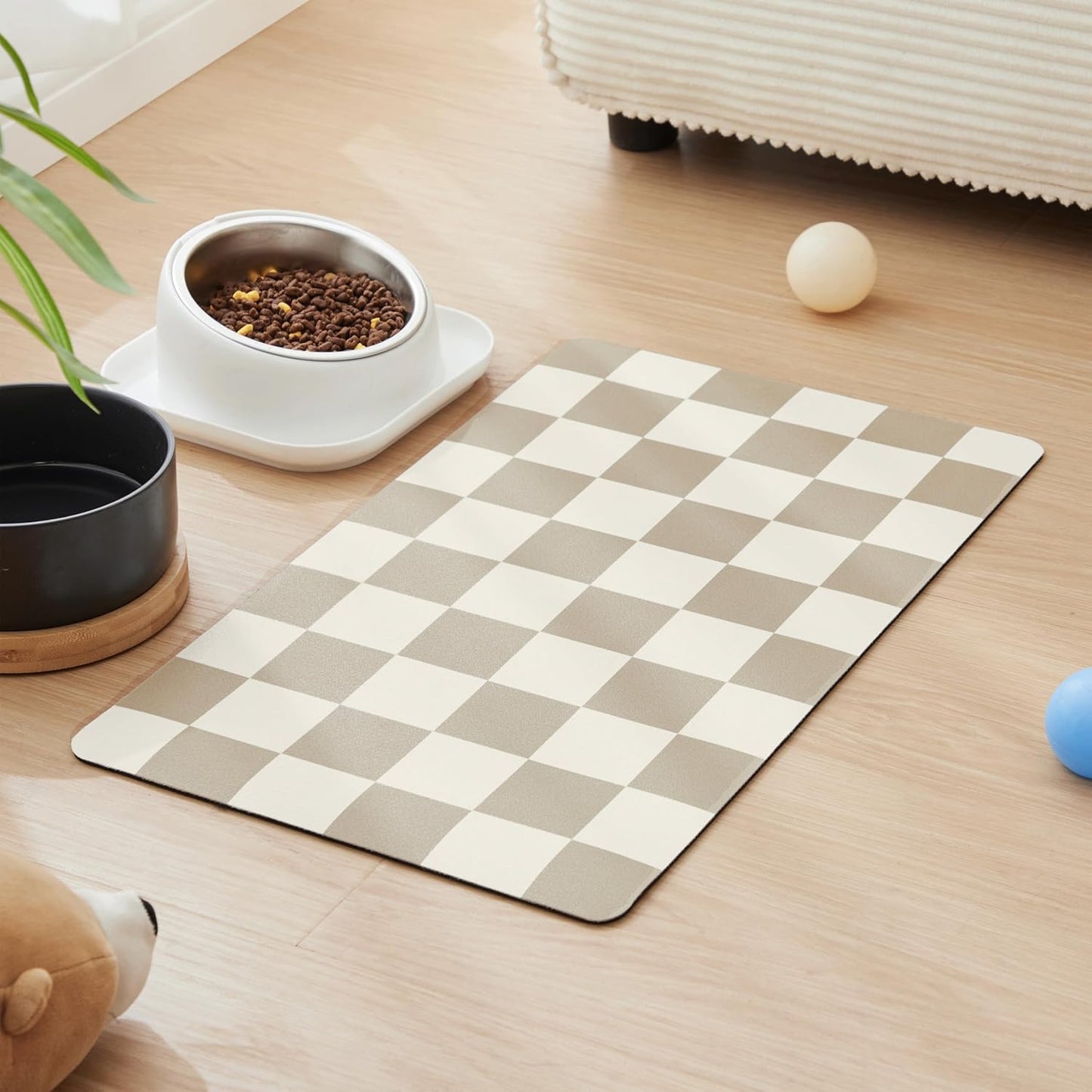 Checkered Dog Feeding Mat, Absorbent Mats for Dog Food and Water Bowl, Dispenser, Retro Aesthetic Khaki Beige Checkerboard Pet Placemat for Dogs, Cats, Puppy Accessories, 12" X 19”