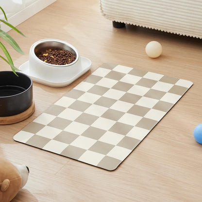 Checkered Dog Feeding Mat, Absorbent Mats for Dog Food and Water Bowl, Dispenser, Retro Aesthetic Khaki Beige Checkerboard Pet Placemat for Dogs, Cats, Puppy Accessories, 12" X 19”