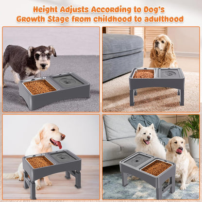 Decflow 3-in-1 Elevated Dog Bowls, 4 Height Adjustable Raised with Stainless Steel, Slow Feeder, No Spill Water Bowl, DIY Stickers Foldable Pet Bowl for Medium Large Dogs