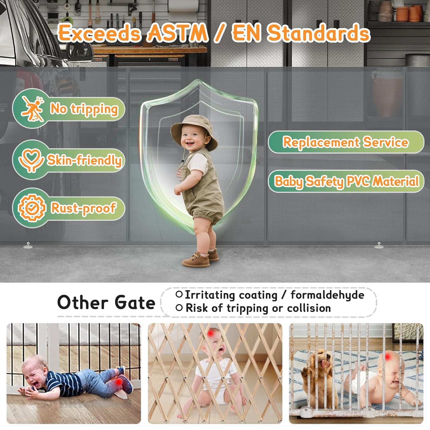 Retractable Baby Gates Extra Wide 150" × 34" Tall for Large Opening 12.5 Foot Retractable Dog Gate for Doorways, Stairs, Aisle, Indoor/Outdoor Retractable Gate for Garage, Hallways, Deck