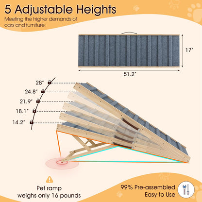 Dog Ramp for Bed, 39.4" Long Wooden Pet Ramp for Small & Large Dogs, 4 Adjustable Heights 12.2" to 22" with Anti-Slip Carpet & Carrying Handle Holds, Portable Dog ramps for Car, Bed, Couch, Outdoo
