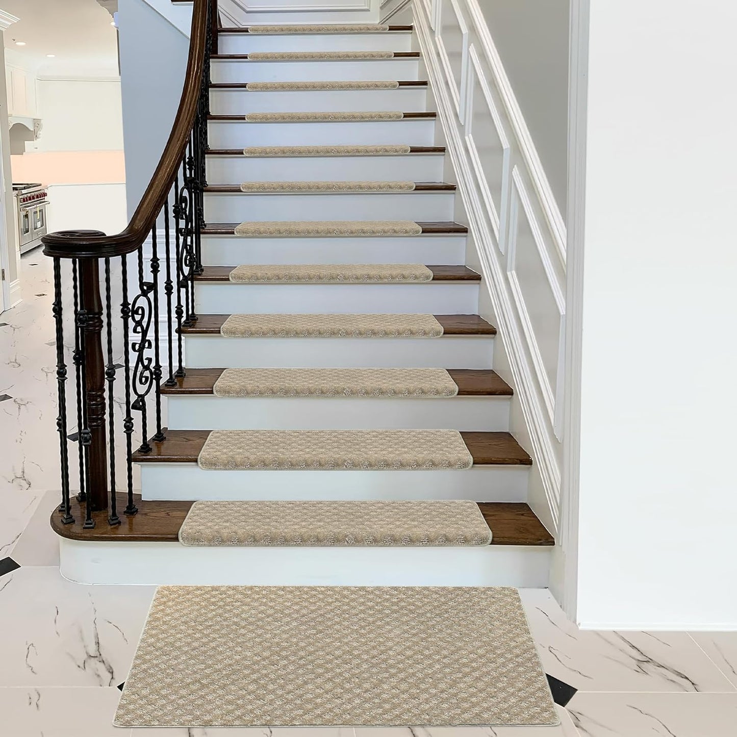 PURE ERA Bullnose Carpet Stair Treads Set Tape Free Non-Slip Indoor Stair Protectors Pet Friendly Rugs Covers Soft Skid Resistant Washable Reusable 9.5" x 30"(14 Pieces,Cream Gray)