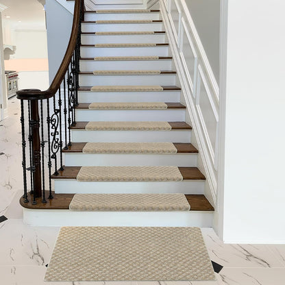 PURE ERA Bullnose Carpet Stair Treads Set Tape Free Non-Slip Indoor Stair Protectors Pet Friendly Rugs Covers Soft Skid Resistant Washable Reusable 9.5" x 30"(14 Pieces,Cream Gray)