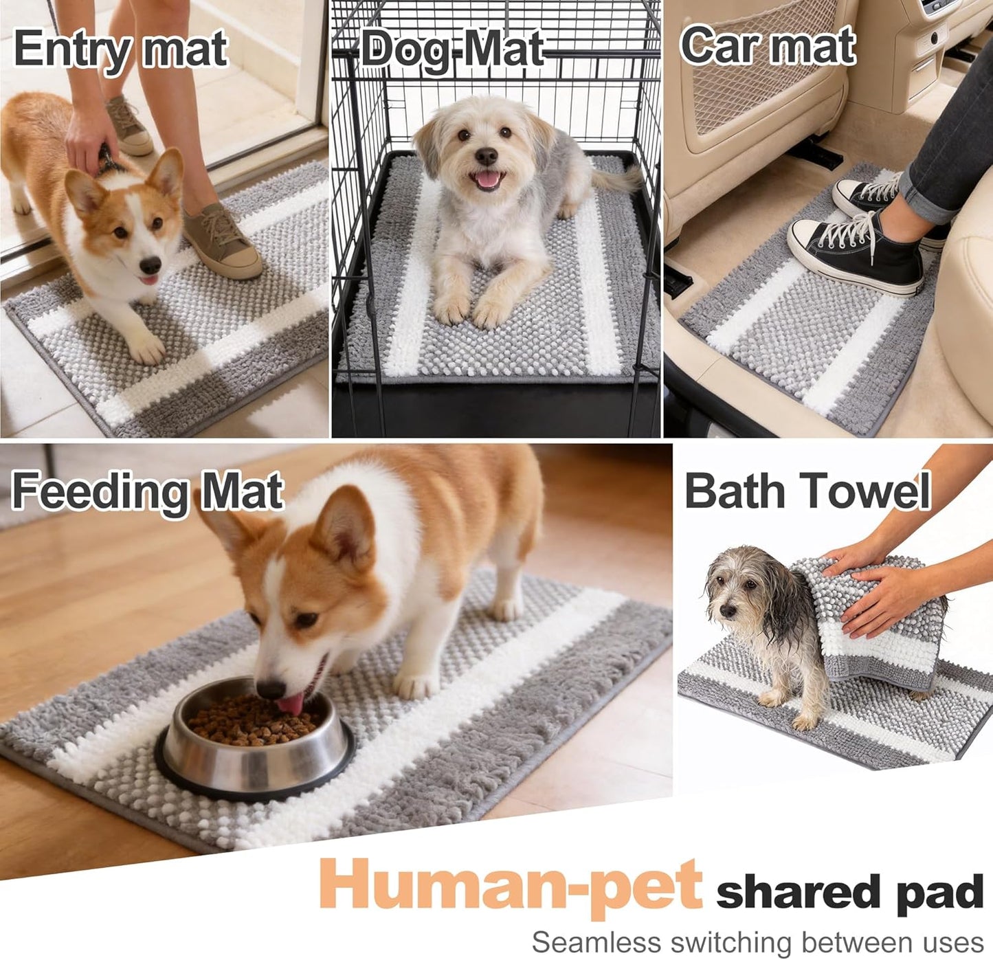 pobopobo Dog Door Mat for Muddy Paws - Absorbent & Washable Chenille Rug, Non-Slip Dirt Trapper for Indoor Outdoor Entryway, Quick Dry Pet Mat for Muddy Dogs (Striped Gray-Blue&White, 24" x 16")
